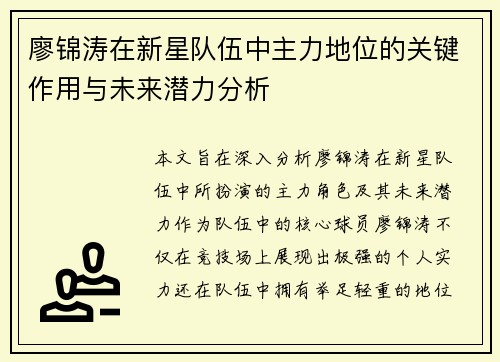 廖锦涛在新星队伍中主力地位的关键作用与未来潜力分析